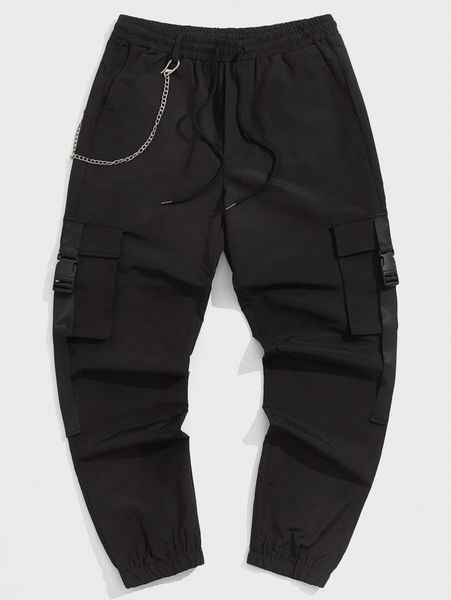 

men flap pocket chain detail pants p9tj#, Black