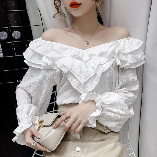 

chiffon blouse women vintage long sleeve solid ruffles neck fashion korean style female clothes new 2021 women's autumn, White