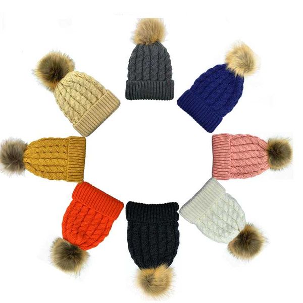 

new womens 2021 winter beanie cable knitted solid ski beanie artificial fur pom pom soft warm wool hats, Blue;gray