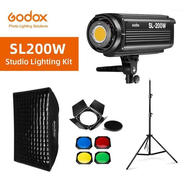 

flash heads godox sl-200w sl200w 5600k white version lcd panel continuous led video light + 70x100cm softbox 2.8m stand barn door1