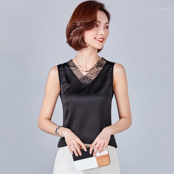 

summer blouse women fashion black white chiffon shirt sleeveless lace v-neck tee 2019 new 6 colors fab s-xxl1