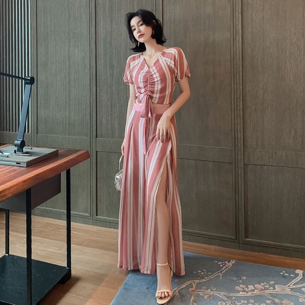

2020 summer new chiffon striped pleated lace-up wide leg pants + striped wide leg pants two-piece suit 1979 iff5z, Gray