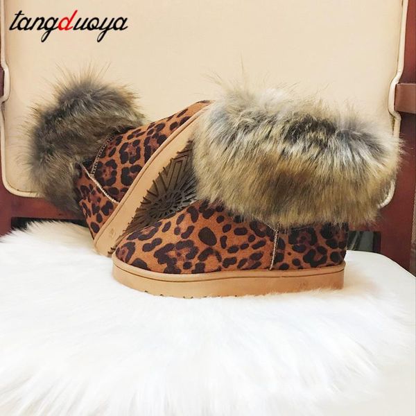 

leopard ankle boots women flat platform shoes plush keep warm short boots female winter with fur big size 41 botas, Black