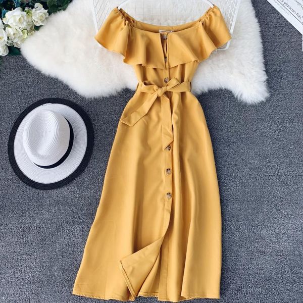 

women sweet dress 2021 new summer ladys sleeveless off shoulder single breasted with belt high waist slim dresses, Black;gray