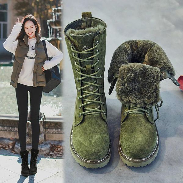 

leather snow boots wedge woman 2020 warm genuine women's winter shoes pigskin plush ladies platform booties, Black