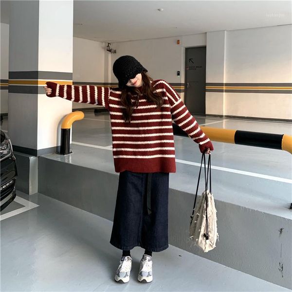 

south korea 2019 autumn and winter new sweater female loose round neck long sleeve striped head slim sweater women1, White;black