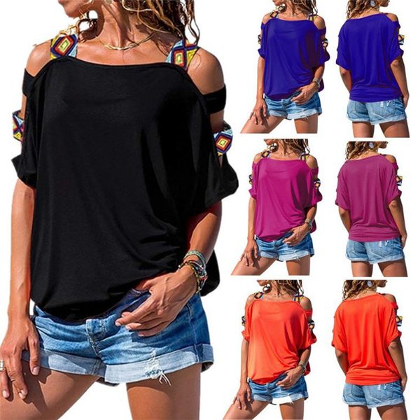 

women hollow out strapless tshirt short sleeve pure color sunmmer loose tees famale casual clothes, White