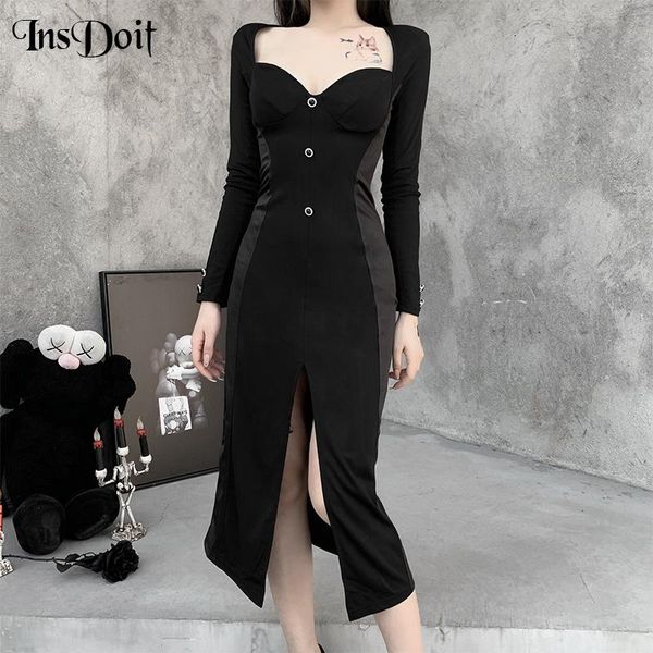 

insdoit dress goth vintage autumn long sleeve bodycon slit dress women button aesthetic elegant high waist party dresses, Black;gray
