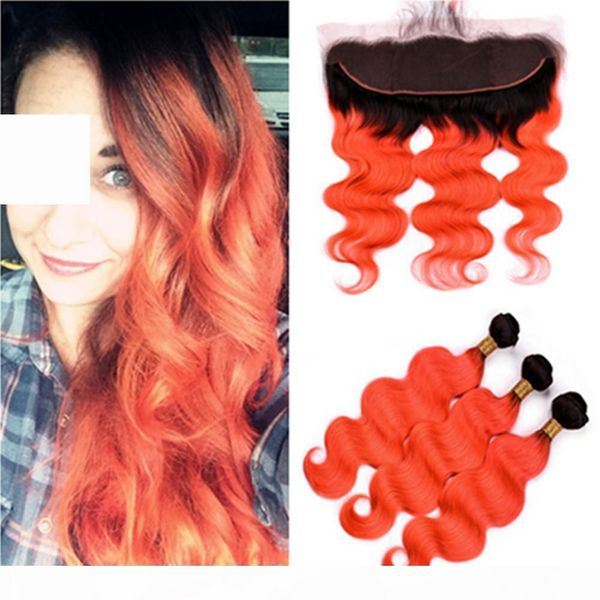 

brazilian ombre orange human hair weaves 3bundles with frontal 4pcs lot #1b orange ombre body wave hair weaves with 13x4 full lace frontal, Black;brown