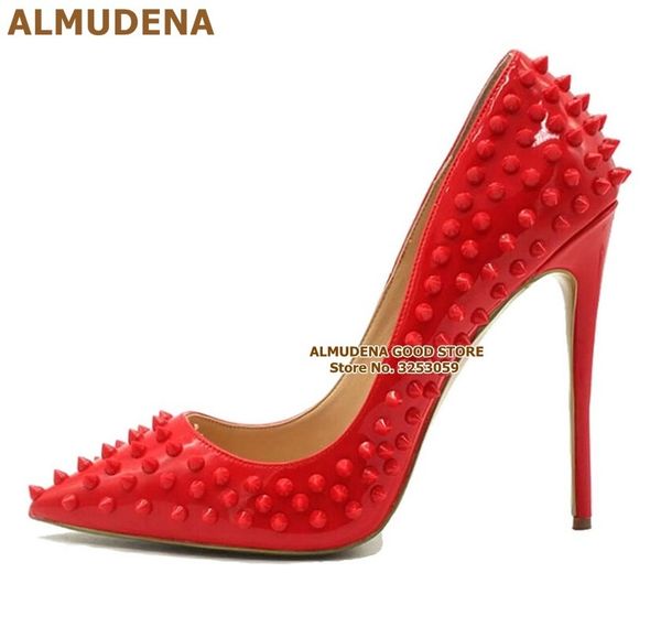 

almudena 8  12cm stiletto heels rivets pointed toe shoes red pink black studded wedding shoes full spikes dress pumps size45 y200702