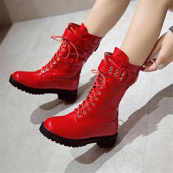 

boots pxelena retro shoes women combat buckle lace up patent leather low heels motorcycle riding tactical bootie, Black