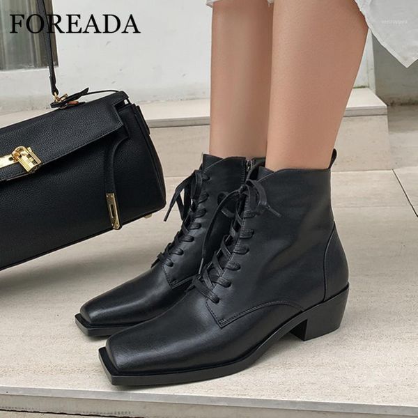 

foreada med heel boots woman natural genuine leather ankle boots lace up thick heel shoes zip square toe short lady black1, Black