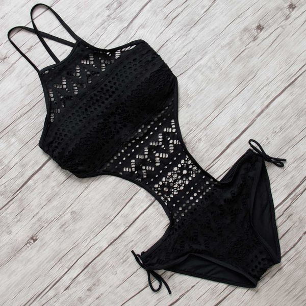 

swimsuit women one pieces swimwear female hollow monokini black halter bathing suit pad swimming suit solid bodysuit 2020