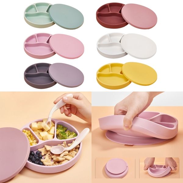 

baby silicone suction cup dinner plate baby food supplement bowl with lid infant small partitions anti-drop tableware plate lj201221