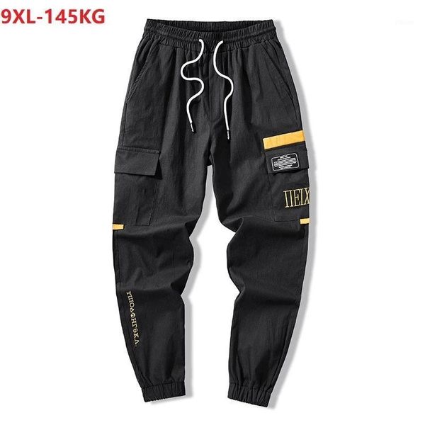 

summer men cargo pants letter pockets pants high street korea style plus size 8xl 9xl cool safari style elasticity1, Black
