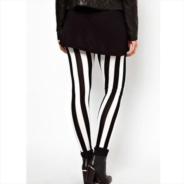 

new black white striped vertical printed leggings gothic creative fitness women punk shape slim popular pants