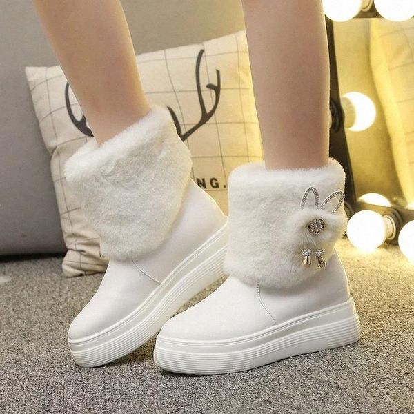 

rimocy fashion crystal thick plush snow boots women flat heel platform winter ankle boots woman pu leather warm cotton shoes #7q3j, Black