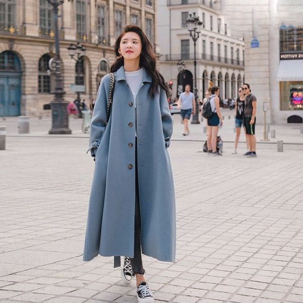 

autumn women's super long elegant blue mid-length woolen coat loose winter clothes for female chaqueta mujer, Black