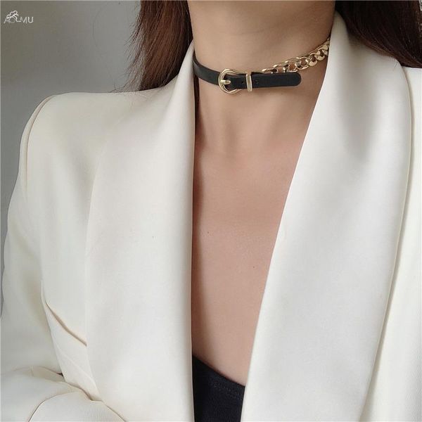 

aomu korea fashion black brown leather belt metal chain patchwork choker necklace for women party jewelry accessories, Golden;silver
