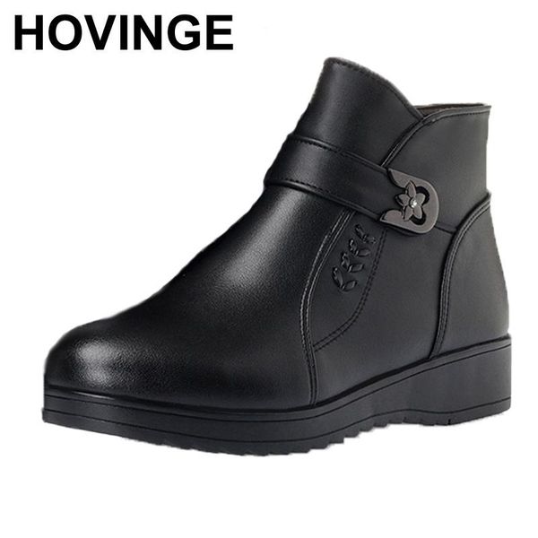 

hovinge new winter genuine leather women's snow boots. thick warm mother wool boots. large short boots ladies shoes, Black