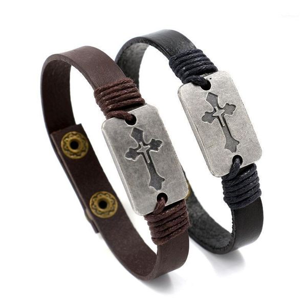 

kirykle punk style hand knitting genuine leather bracelet for man religious cross bangle for women single1, Golden;silver