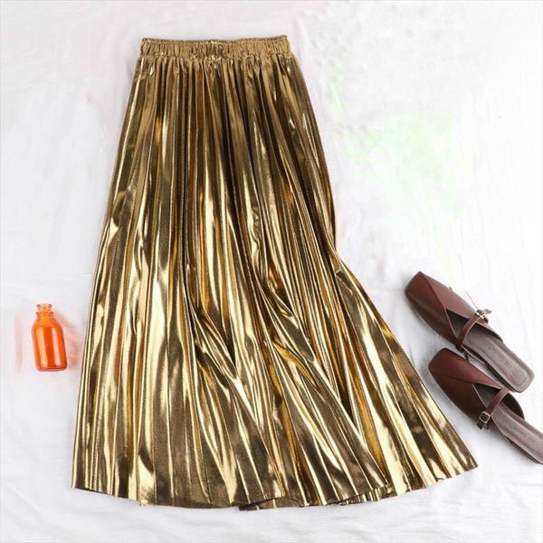 

fall winter fashion women female gold silver black pleated elastic high waist skirt spring autumn woman korean glitter skirts