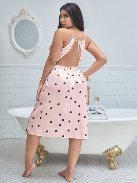 

plus polka dot backless satin sleep dress 42pr#, Black;white