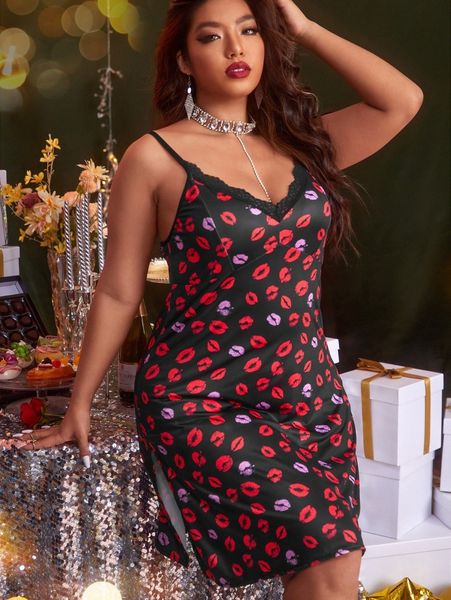 

plus lip print lace trim split hem cami night dress n6za#, Black;white