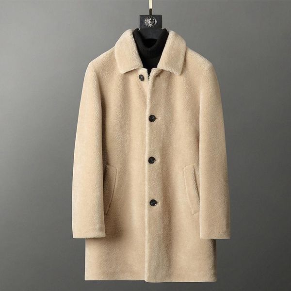 

men's wool & blends sheep shearing coat winter pure overcoat medium length warm jacket, Black