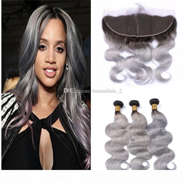 

ombre 1b grey lace frontal closure with bundles body wave 9a peruvian ombre grey hair bundles with 13*4 lace frontal closure 4pcs lot, Black;brown