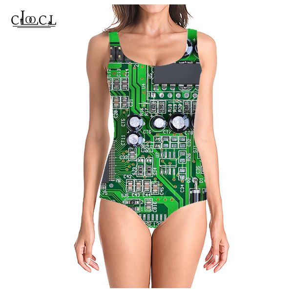 

cloocl 2021 new summer popular electronic chip 3d printed women sleeveless swimsuit casual fashion swimsuits beach one piece swimwear, White;black