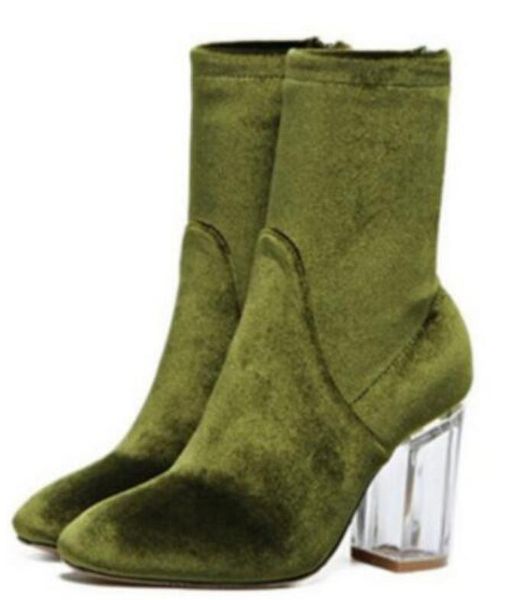 

fashion women transparent heel boots ankle booties point toe gladiator booties transparent heel velvet boots, Black