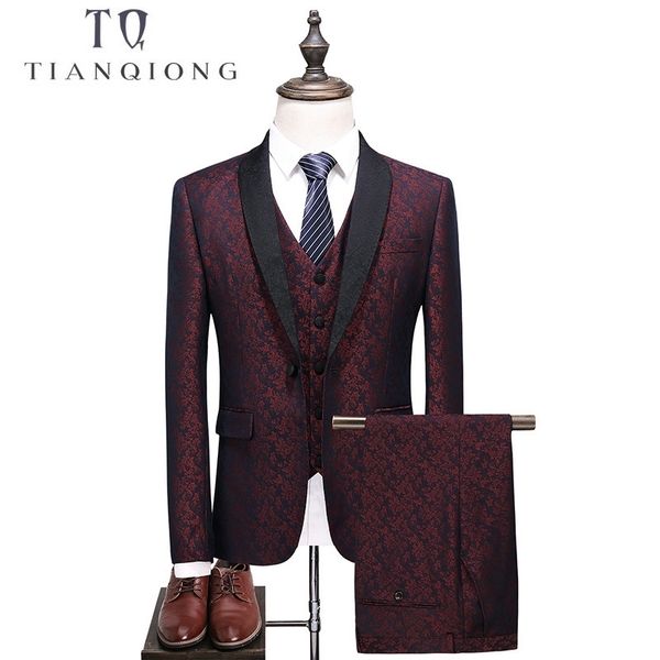 Tian Qiong marca homens smoking terno vermelho s-5xl gola xaile 3 peças vestido terno fino fit groom ternos de casamento para homens qt520 201105