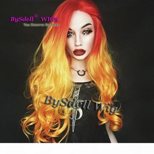 

colored hair wig synthetic choppy hair loose wave ombre dark red to yellow color hair lace front wig drag queen cosplay party wigs, Black