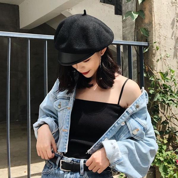 

berets caps for women beret women korean style stitching woolen autumn and winter japanese octagonal hat boinas para mujer 2021, Blue;gray