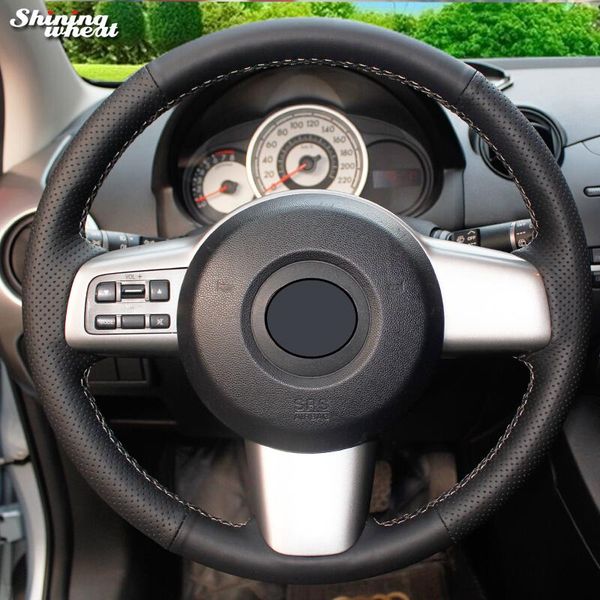 

shining wheat hand-stitched black leather car steering wheel cover for 2 2008-2014
