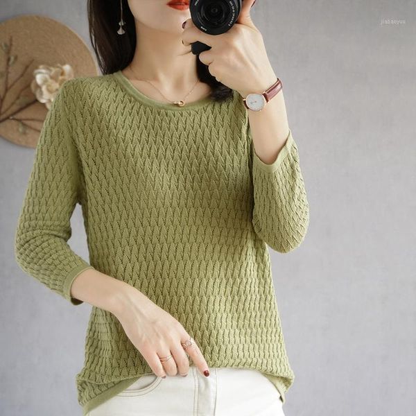 

lhzsyy 2020new summer pure cotton o-neck hollow t-shirt short sleeve women' thin knitted 3/4 sleeve large size bottoming sweater1, White