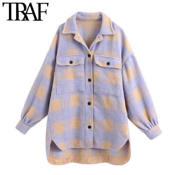 

traf women fashion oversized woolen plaid jacket coat vintage long sleeve pockets asymmetric female outerwear chic 201028, Black;brown