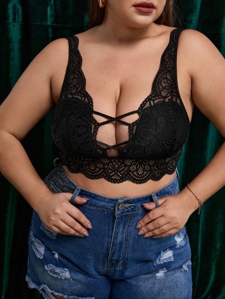 

plus floral lace scallop trim bralette d0bn#, Black;white