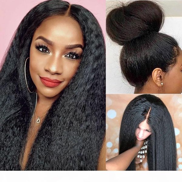 

kinky прямой парик preplucked бразильский remy 13x4 фронта шнурка человеческих волос парики для женщин яки 4x4 шнурка закрытие человеческих, Black