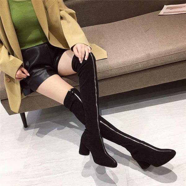 

women 2020 over the knee boots black round high heels flock sock boots zippers long square toe knee high dress shoes