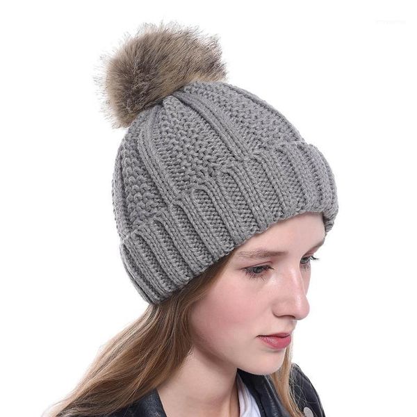 

thick cable knit faux fur pom pom hat skull cap cuff beanie autumn and winter hat womens winter beanie warm soft ski cap1, Blue;gray