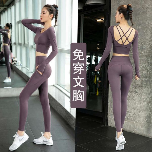 

yoga clothing autumn winter style with breast pad fashion back long sleeve professional high end gym running suit for women, Gray