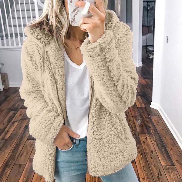 

elegant faux fur coat women 2021 autumn winter warm soft zipper fur jacket female plush overcoat pocket casual teddy outwear#j301, Black