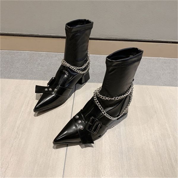 

fall 2021 new chunky shoes woman knee high fashion female pointed to the chain decorat boots 6jld, Black