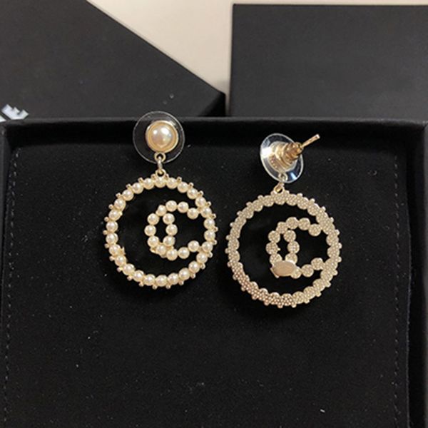 

selling women's designer earrings letter brand round pearl stud 925 silver needle with box, Golden;silver