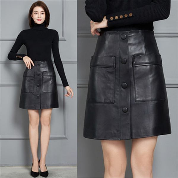 

2021 new fashion genuine real sheep leather skirt k9, Black
