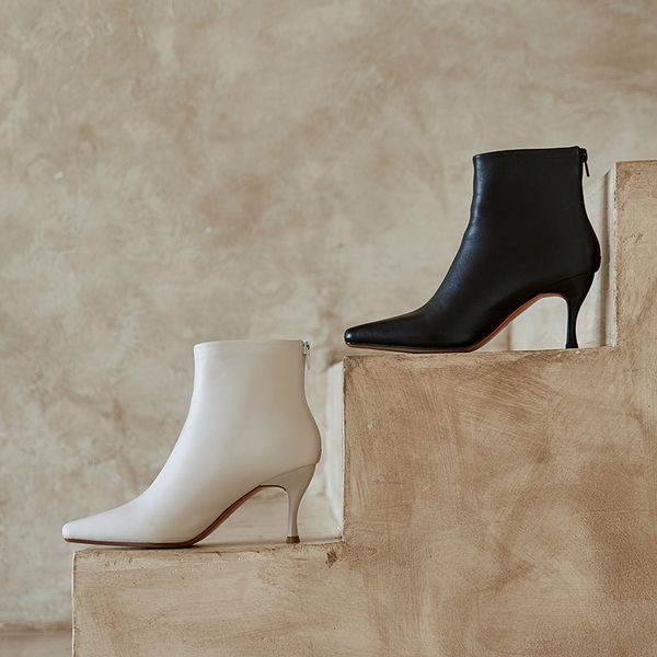 

2021 new thin high heel zipper ankle autumn winter pointed toe short boots pu leather fashion women shoes big size 34-39 xmmu, Black