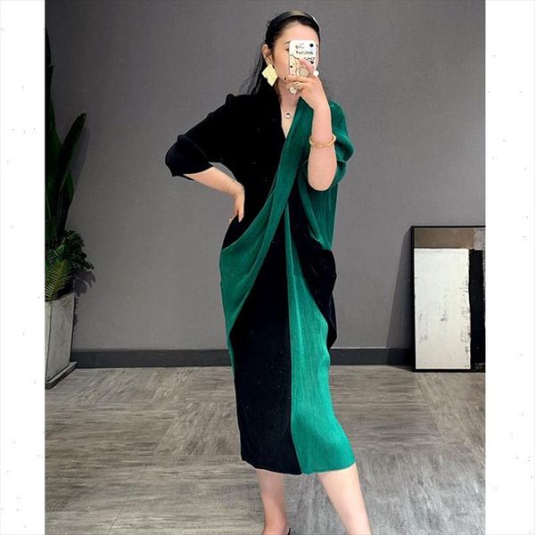 

2021 casual a line v neck mid calf three quarter sleeve patchwork elegant cross stitching slimming pleated dress 2a221, Black;gray