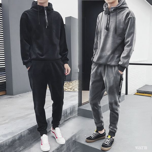 

golden velvet leisure sports suit men's autumn winter bodywear youth plush thickening students' two-piece set hoodies, Black